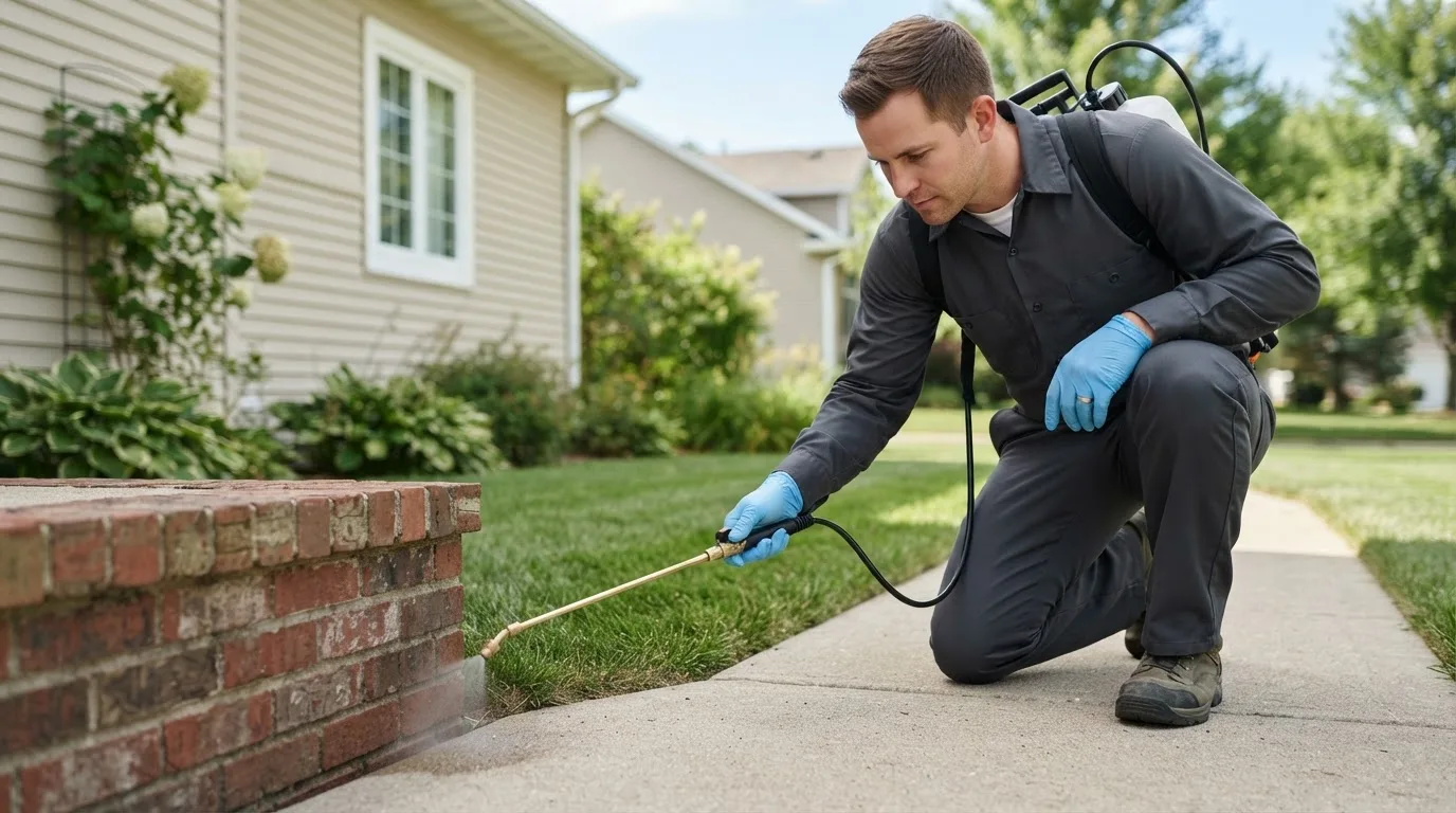 Pest control technician treating a home near Littleton, NH
